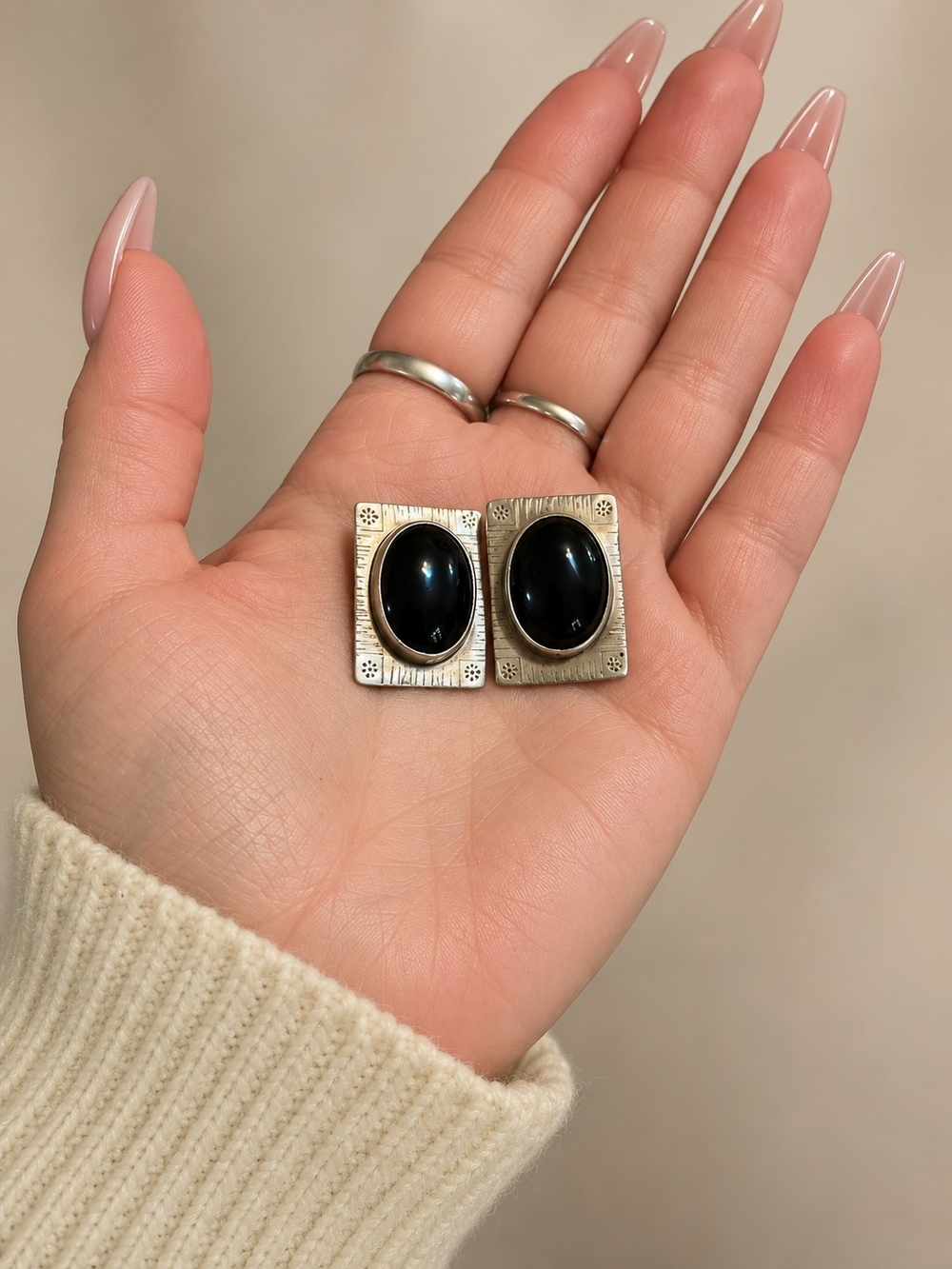 Vintage Julalita Lamy Zuni Sterling Silver Black Onyx Earrings • Signed